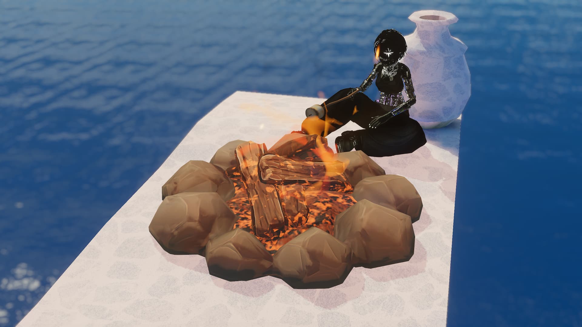 A campfire with a player next to it roasting a marshmallow