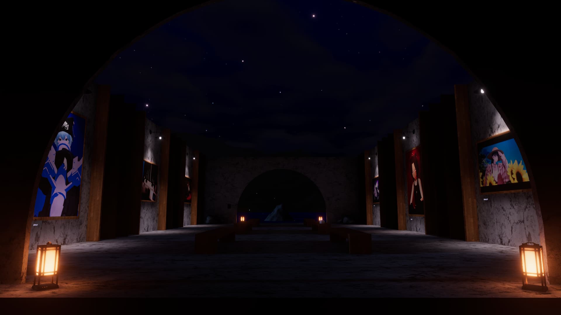 Walls with framed photos, benches in the center, and a night sky