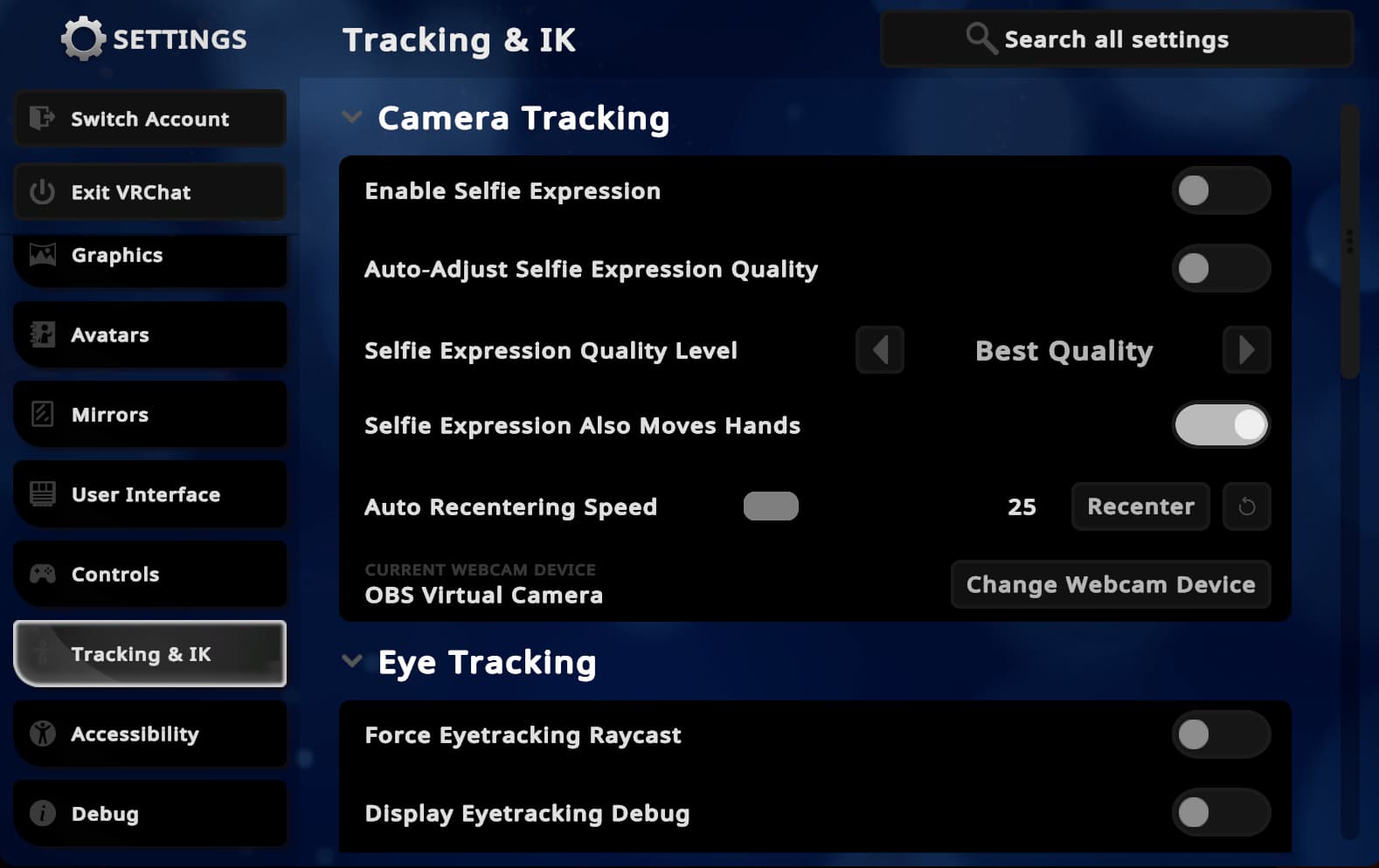 The VRChat settings menu in the Tracking & IK section